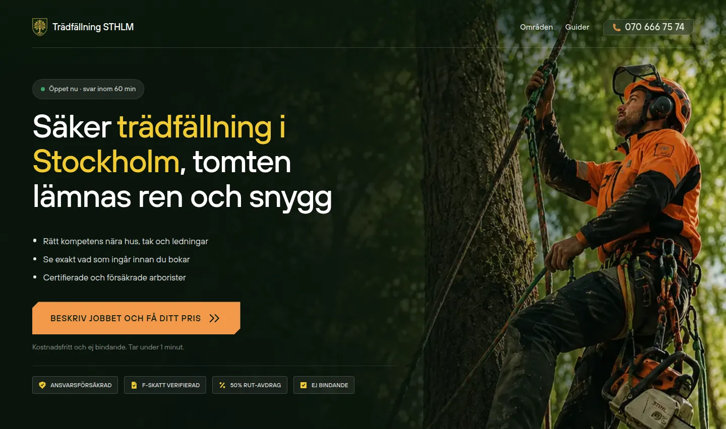 Startsidan på tradfallningsthlm.com i dator
