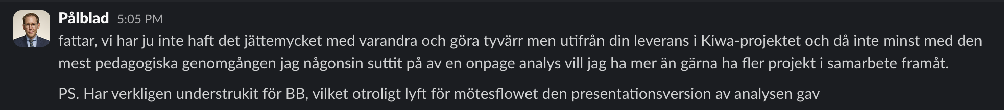 Slack-meddelande från Pålblad om leveransen i Kiwa-projektet och den pedagogiska onpage-genomgången