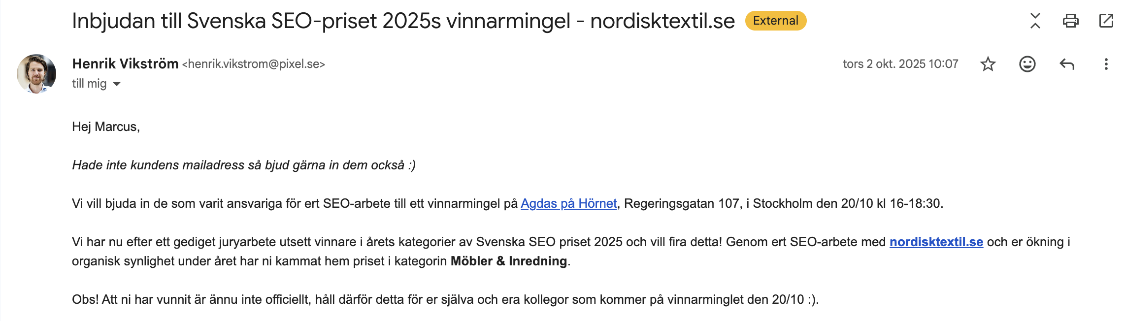 Inbjudan till Svenska SEO-priset 2025s vinnarmingel för arbetet med nordisktextil.se